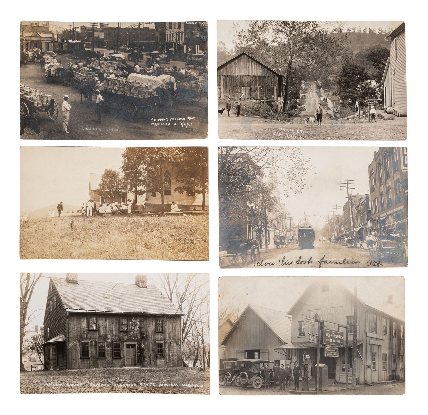[EPHEMERA]. 42 RPPCs and 27 printed postcards of Ohio towns incl. railroads and bridges.