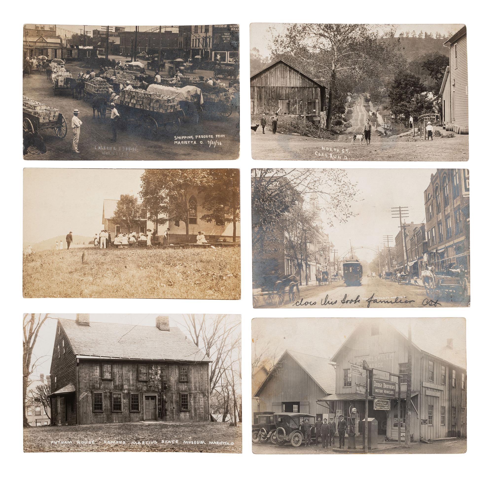 [EPHEMERA]. 42 RPPCs and 27 printed postcards of Ohio towns incl. railroads and bridges.