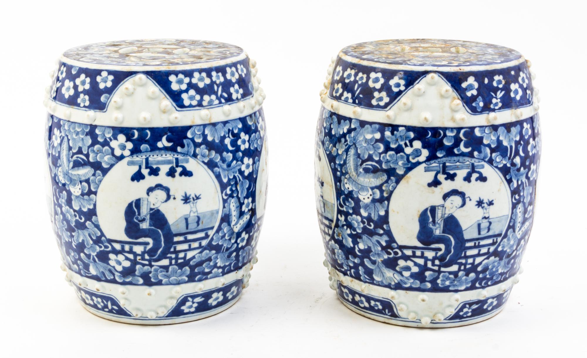A Pair of Diminutive Blue and White Porcelain Garden Seats Height 10 1/4 inches.
