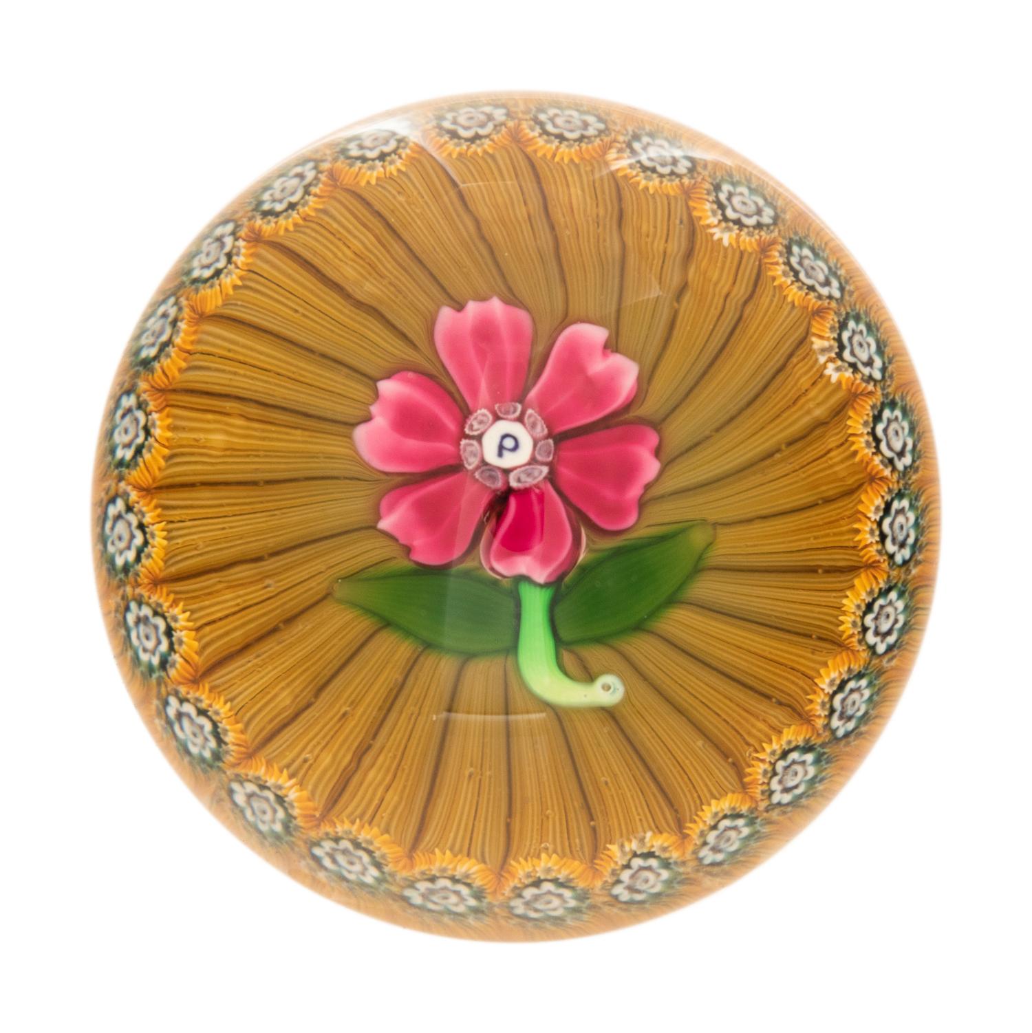 A Miniature Perthshire Pink Flower Over Yellow Millefiori Stave Basket Glass Paperweight