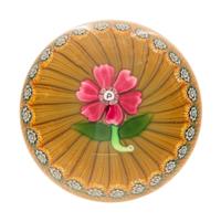 A Miniature Perthshire Pink Flower Over Yellow Millefiori Stave Basket Glass Paperweight