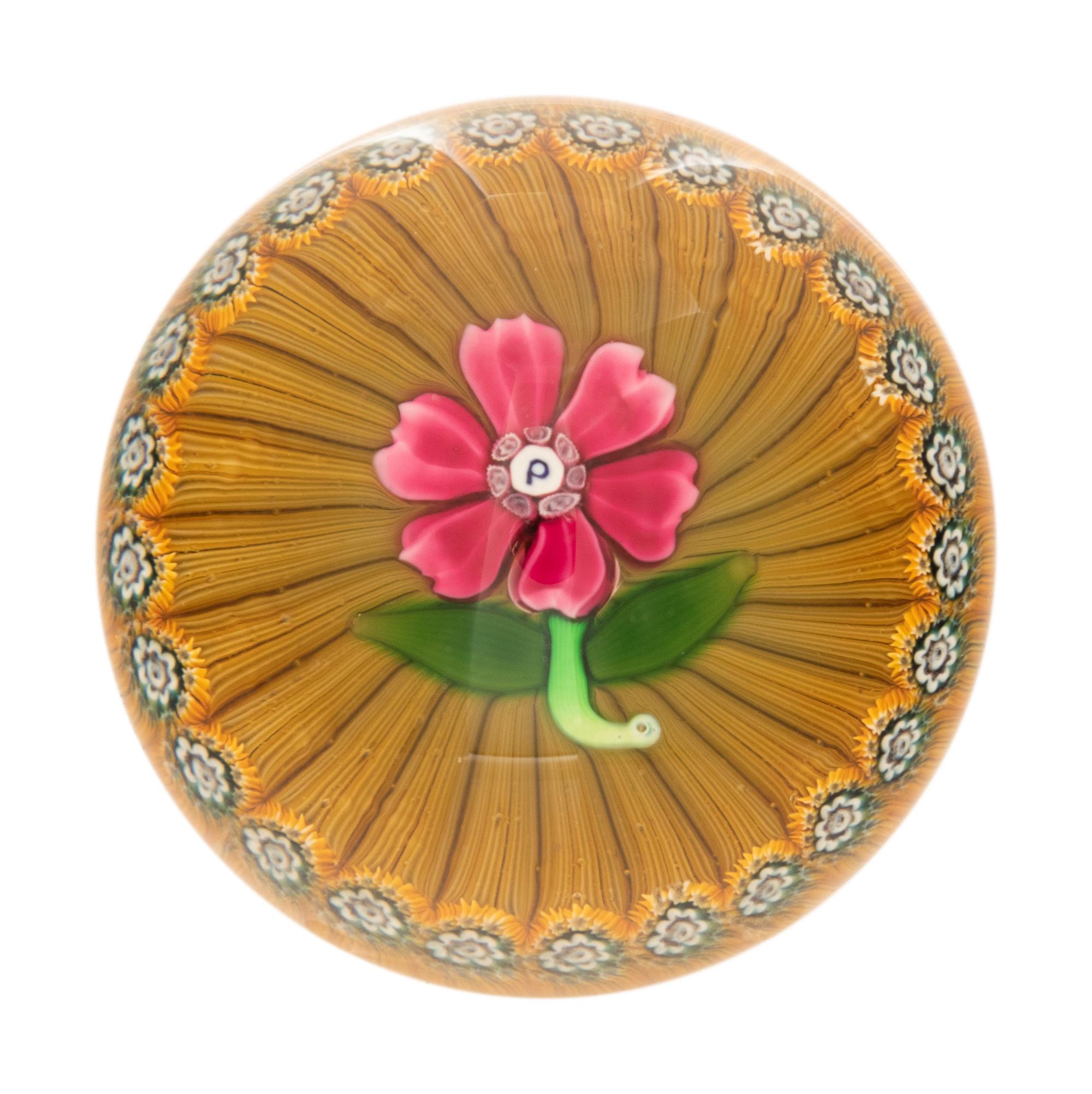 A Miniature Perthshire Pink Flower Over Yellow Millefiori Stave Basket Glass Paperweight