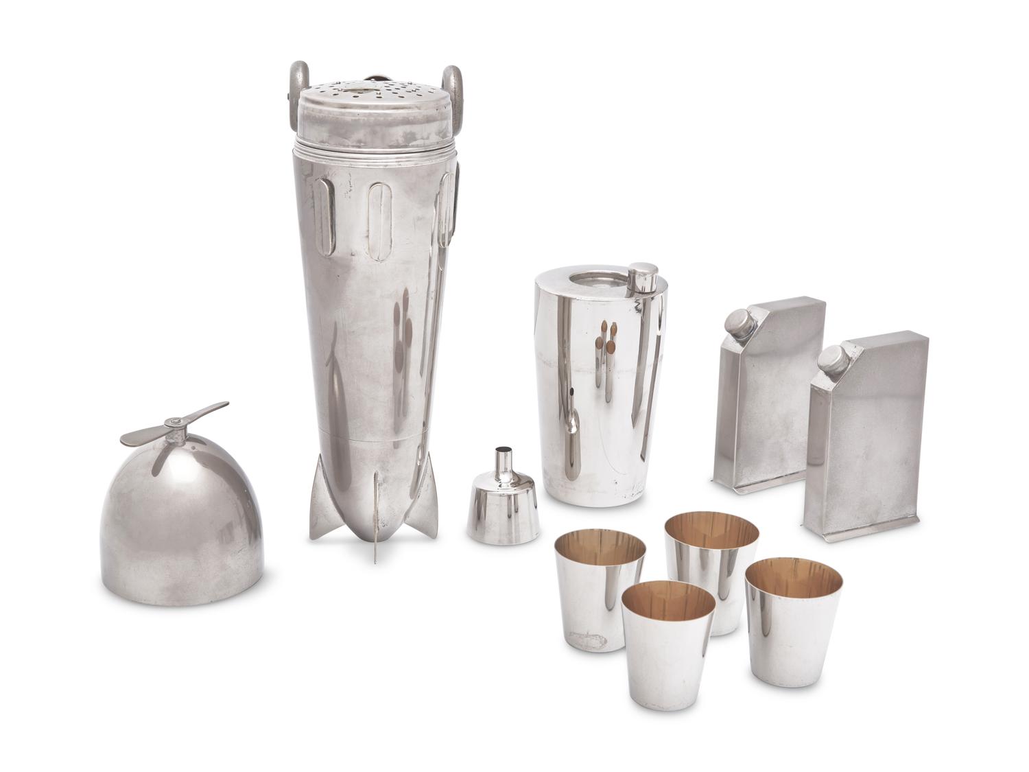 An Art Deco Silver-Plated Airplane Cocktail Shaker Set