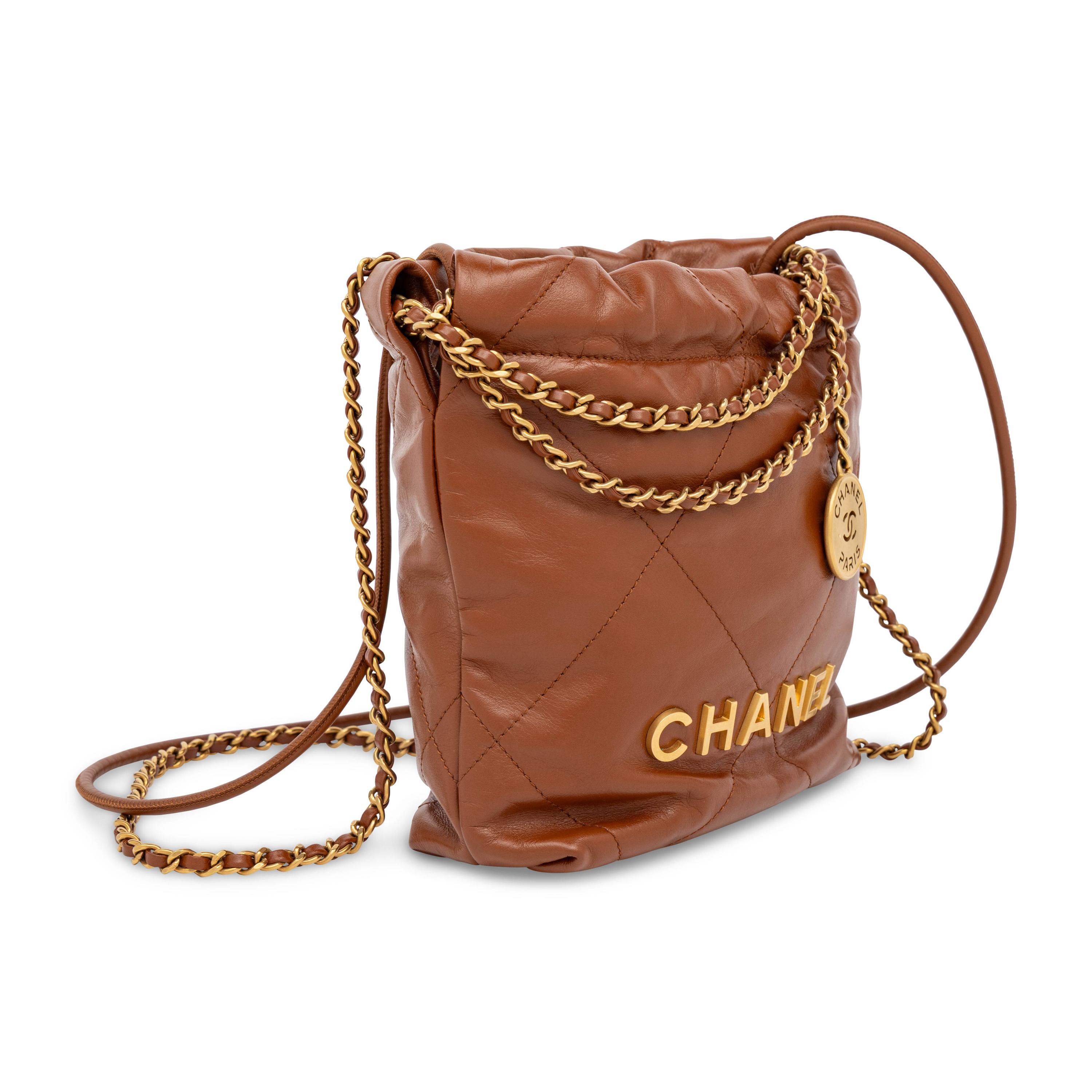 Chanel, Mini 22 Bucket Bag in Brown Leather