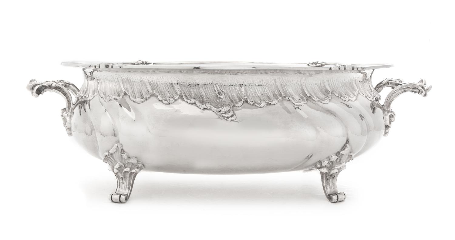 A German Silver Jardiniere, Hermann Behrnd, Dresden, 19th Century, of oval form with rocaille handles and a similarly worked border und