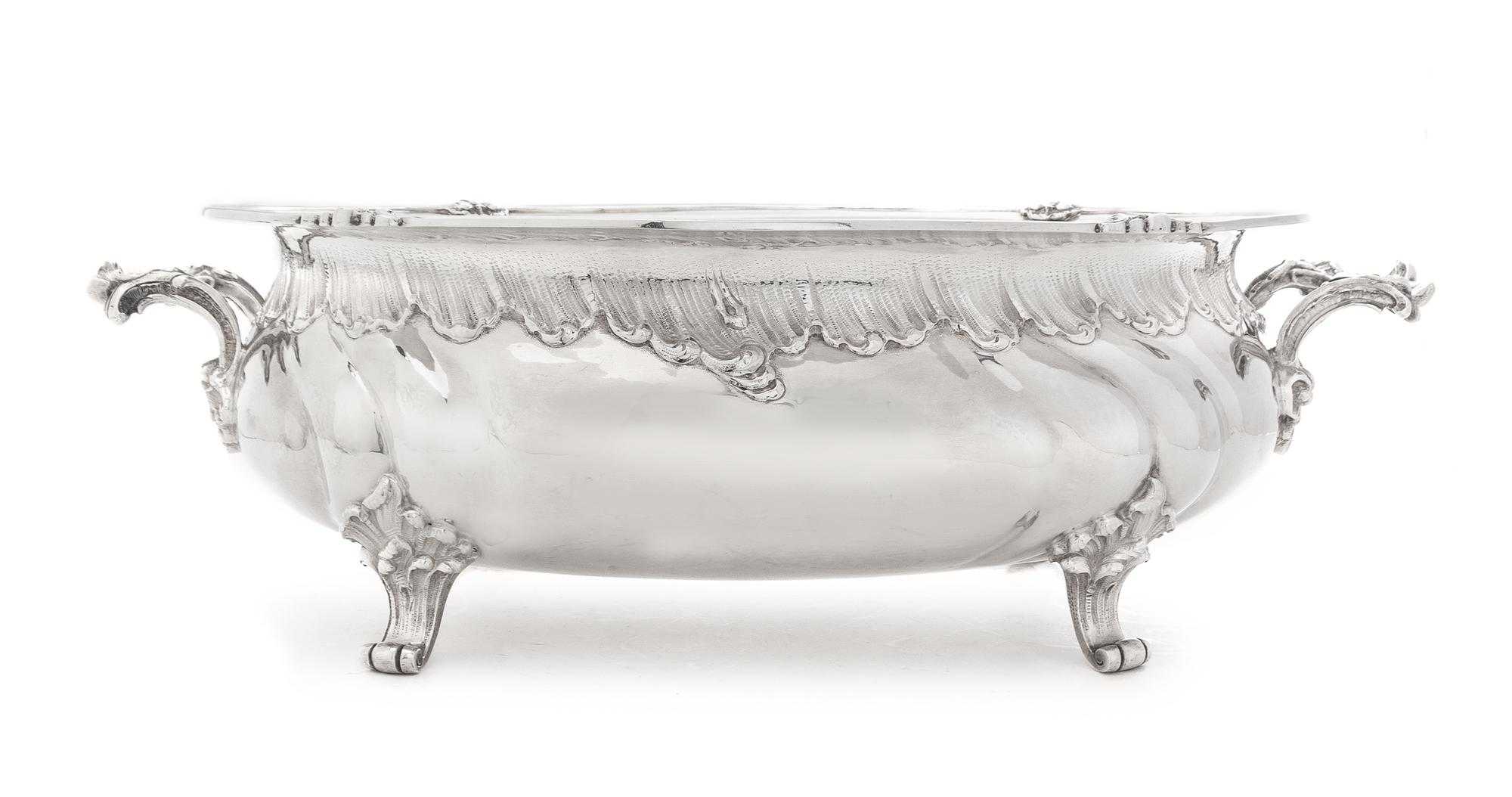 A German Silver Jardiniere, Hermann Behrnd, Dresden, 19th Century, of oval form with rocaille handles and a similarly worked border und