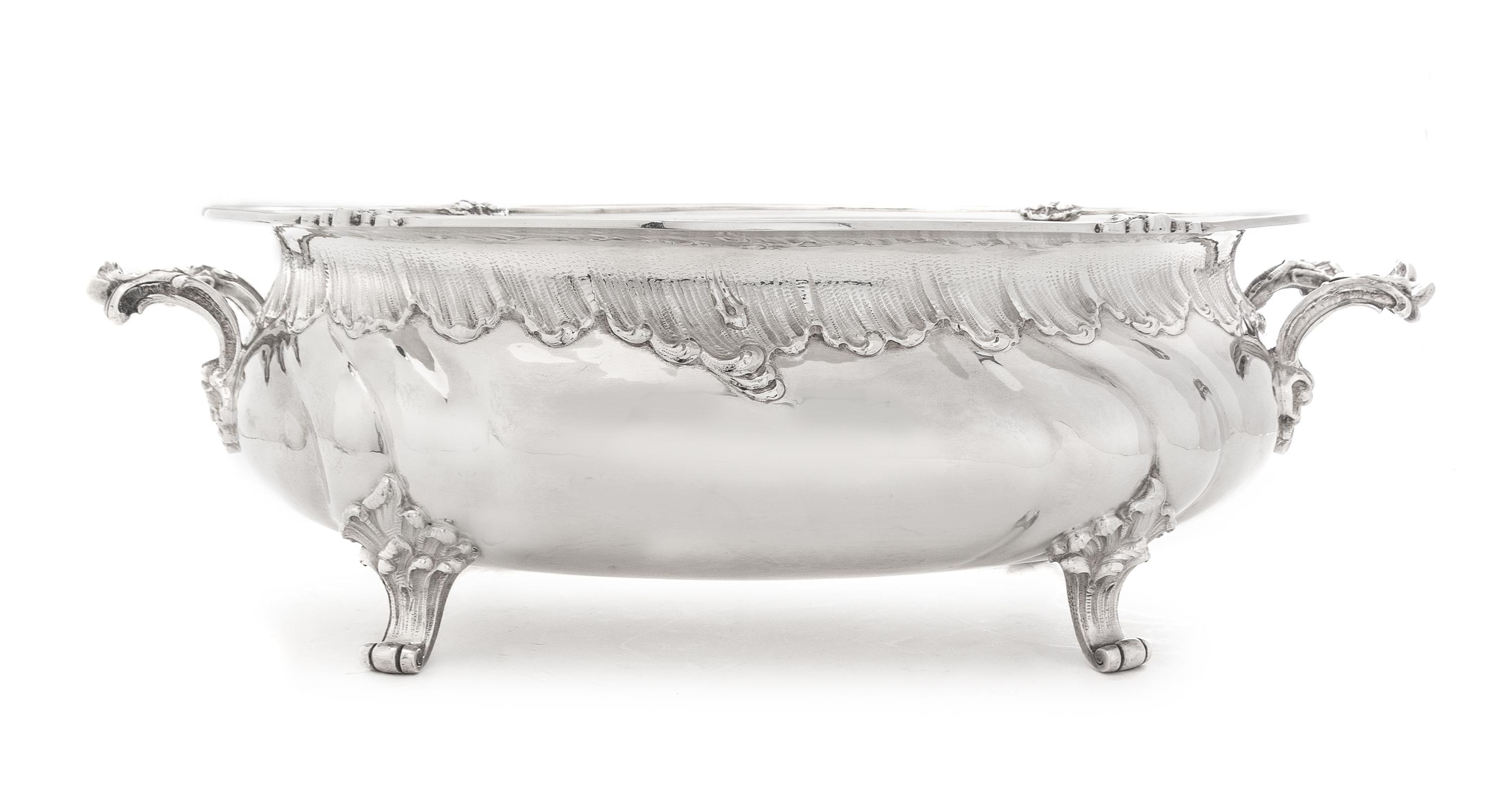 A German Silver Jardiniere, Hermann Behrnd, Dresden, 19th Century, of oval form with rocaille handles and a similarly worked border und