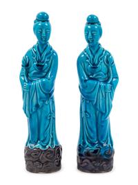 A Pair of Chinese Turquoise Glazed Porcelain Figures of Ladies