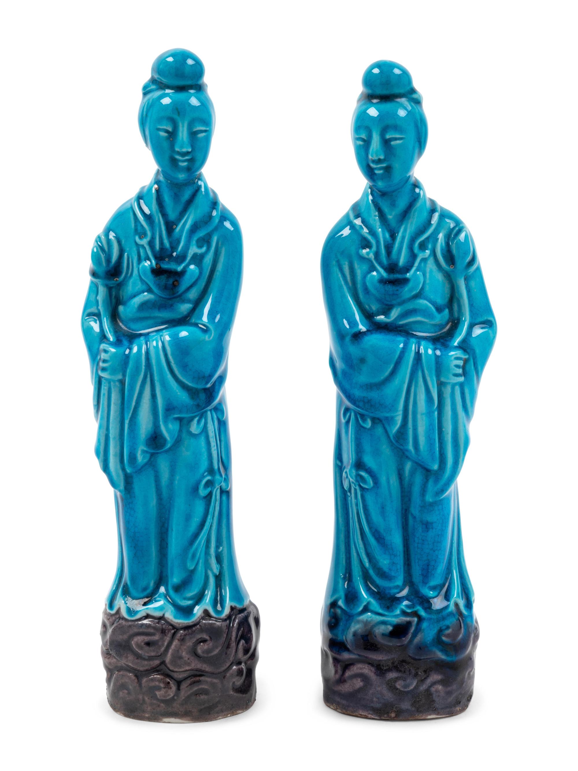 A Pair of Chinese Turquoise Glazed Porcelain Figures of Ladies