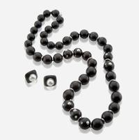 A white gold, ebony, diamond, and pearl necklace with matching earrings Trianon by Seaman Schepps