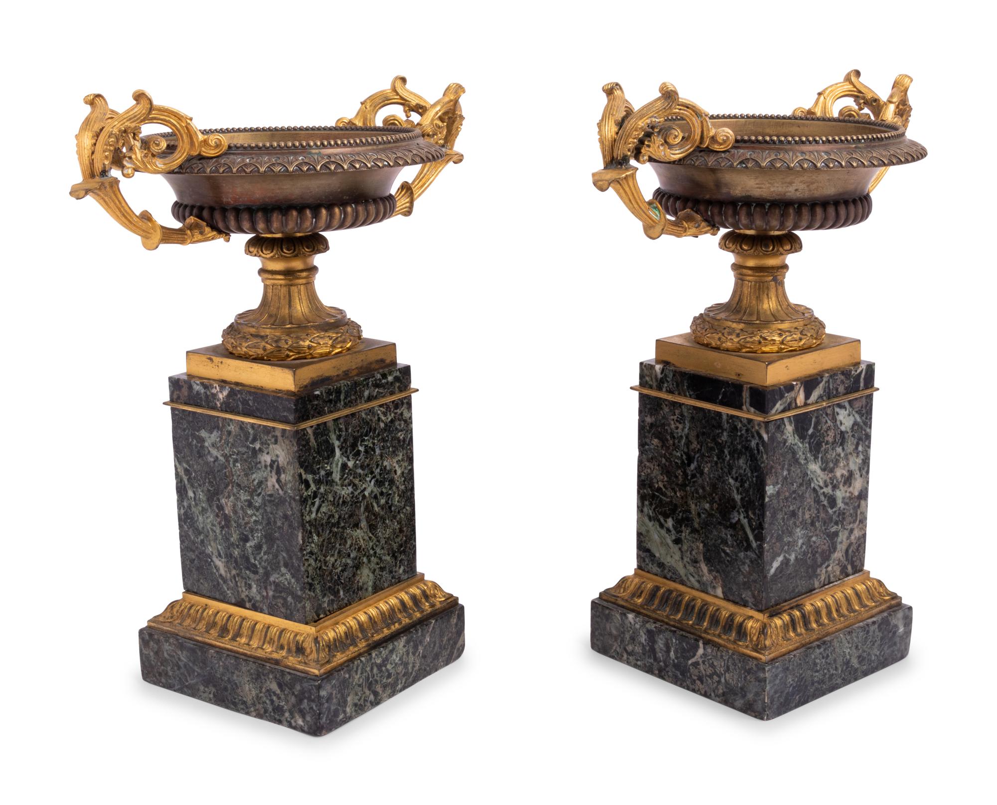 A Pair of Continental Gilt Bronze and Marble Tazze Ornaments