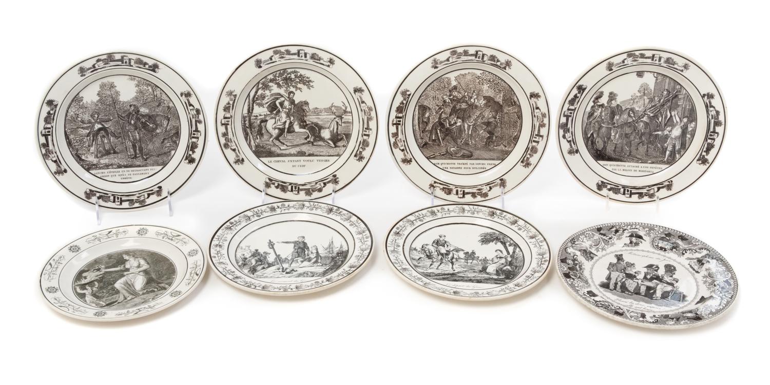 Eight French Transfer Decorated Plates Diameter of largest 8 3/4 inches.