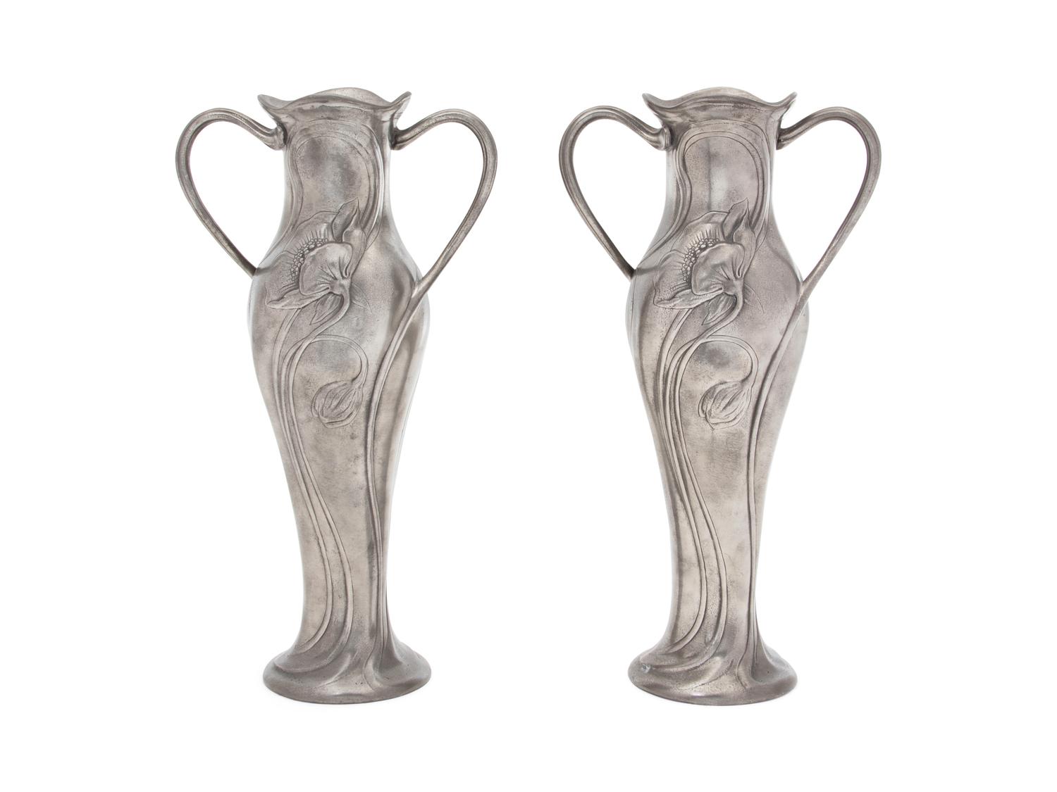 A Pair of American Silverplate Art Nouveau Double-Handled Vases