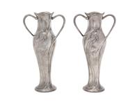 A Pair of American Silverplate Art Nouveau Double-Handled Vases