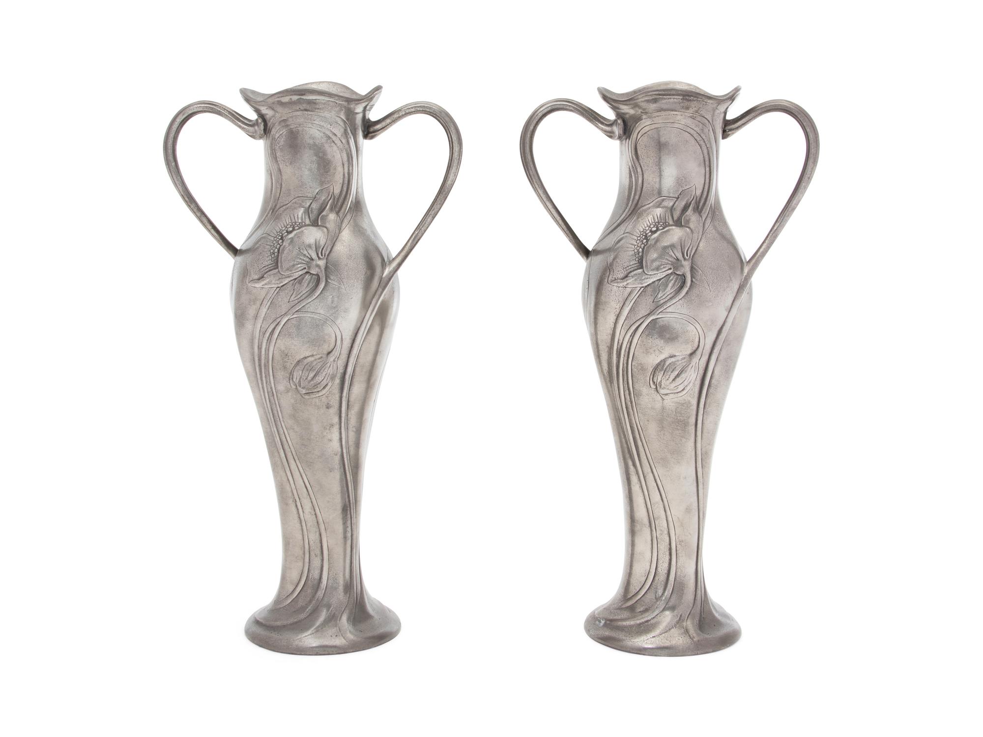 A Pair of American Silverplate Art Nouveau Double-Handled Vases