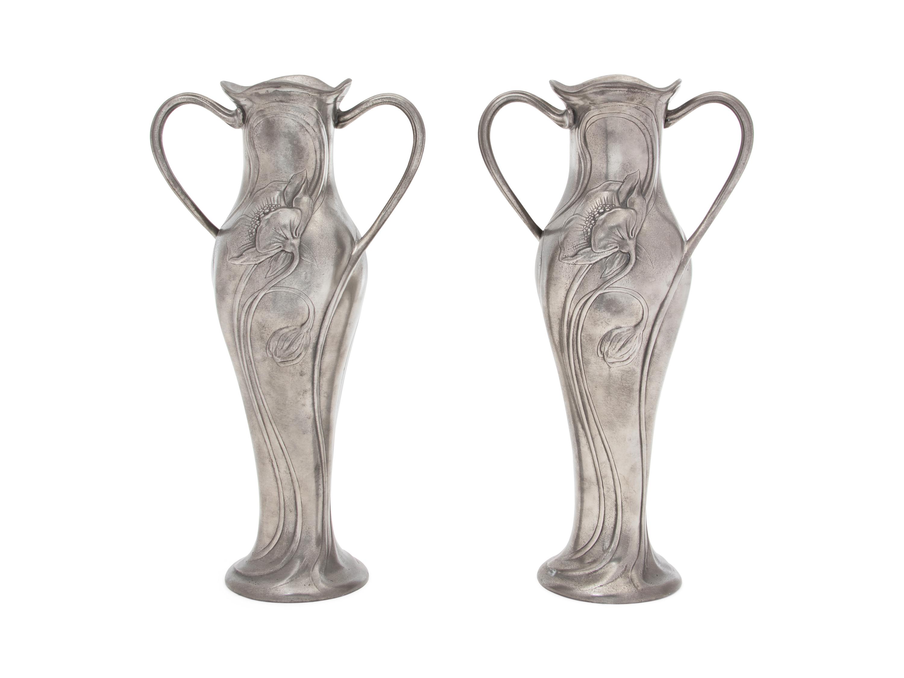 A Pair of American Silverplate Art Nouveau Double-Handled Vases
