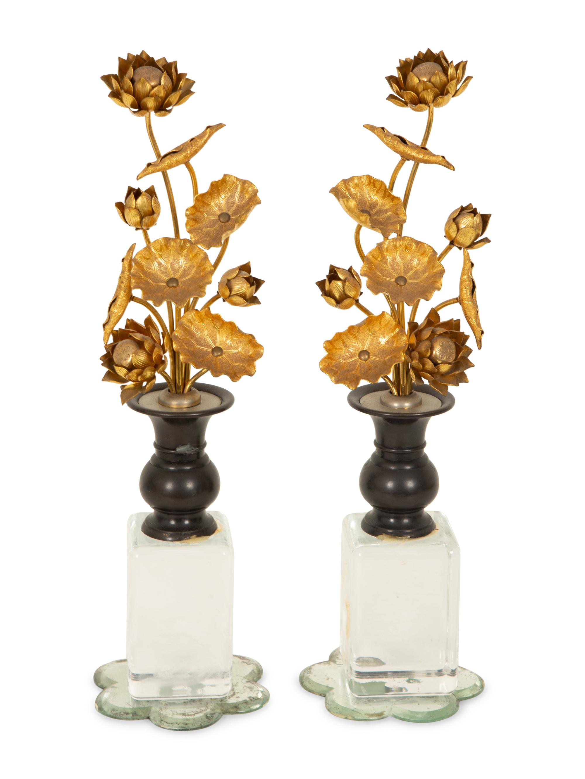 A Pair of Chinese Gilt Metal Lotus Flower Ornaments