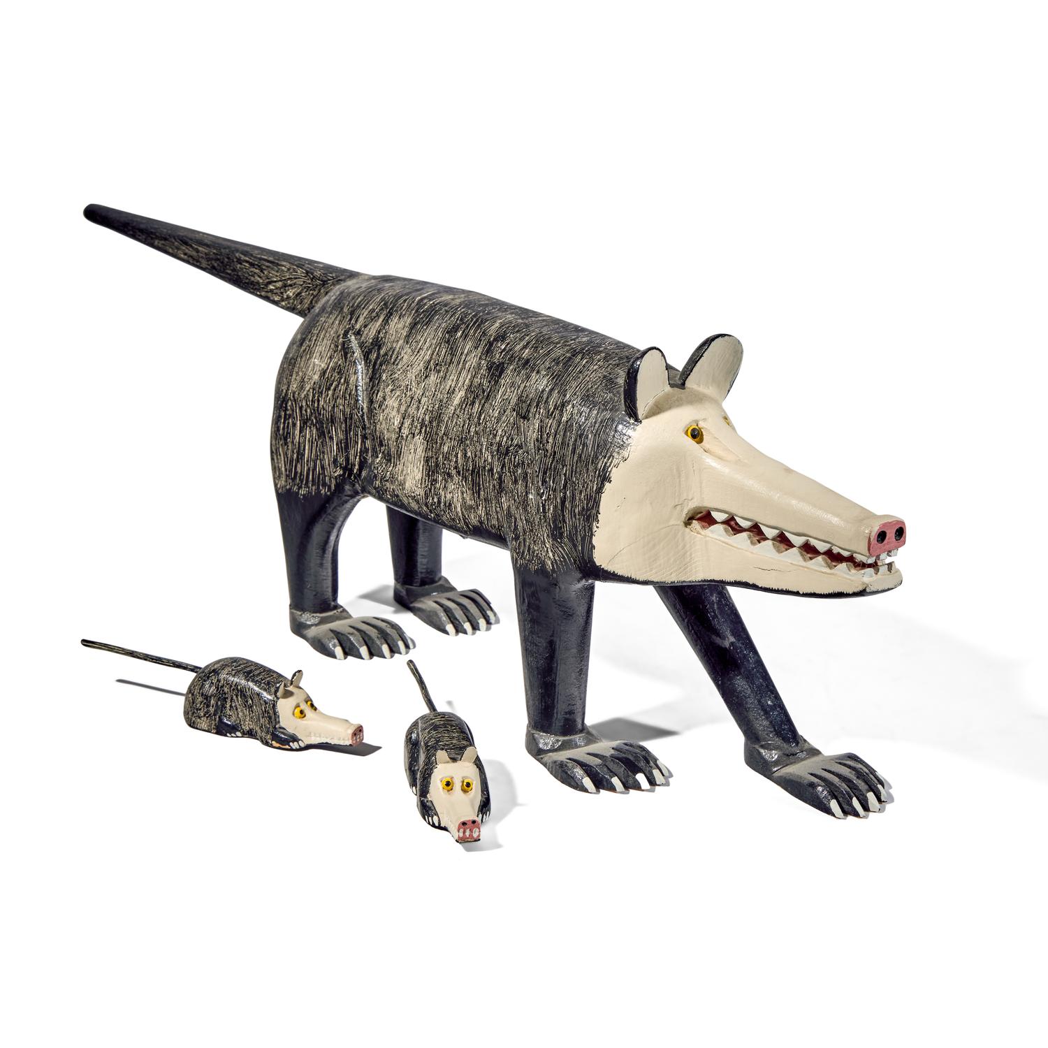 Lonnie & Twyla Money, A Three-Part Carved and Painted Wood Figure: Opossum Mother with Two Babies
