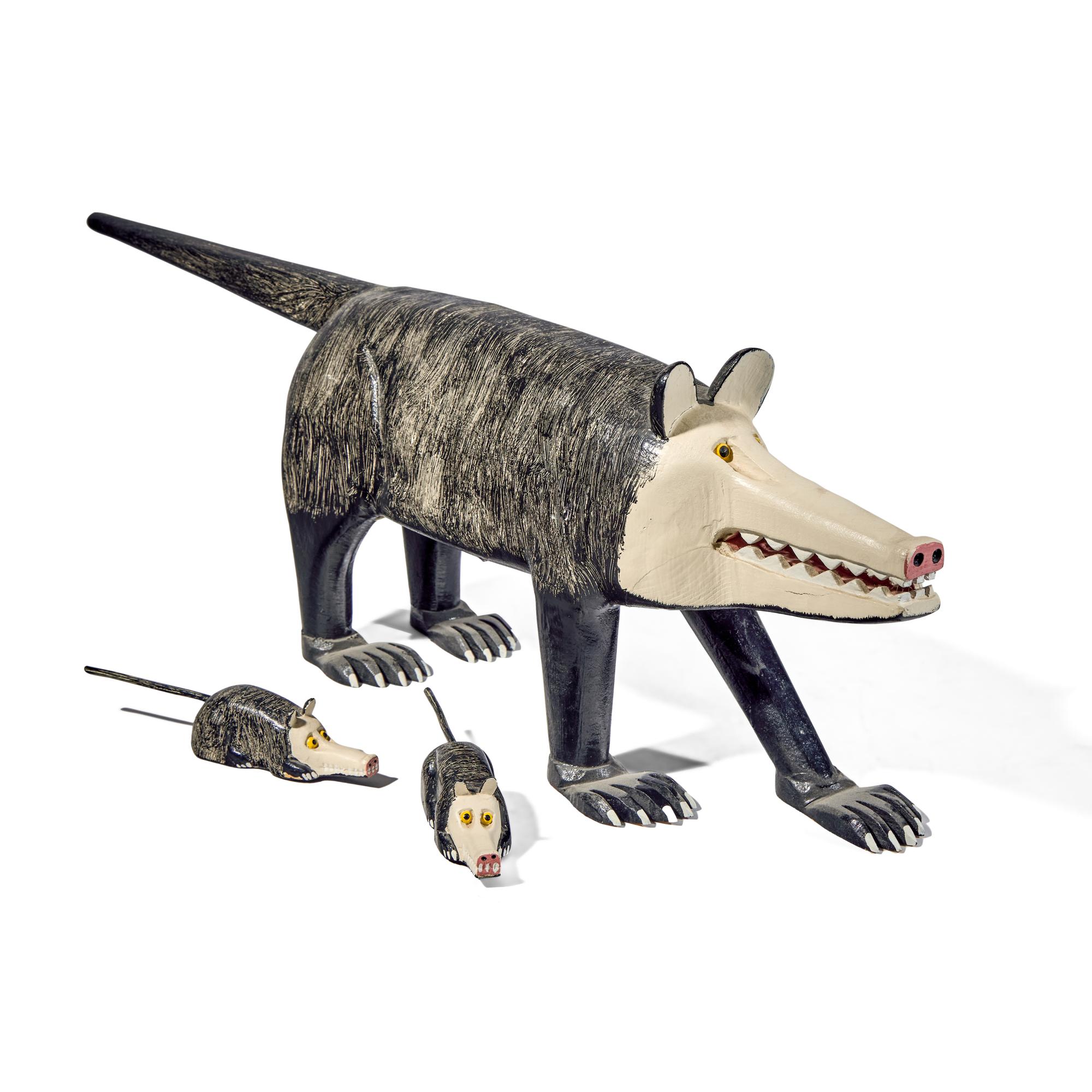 Lonnie & Twyla Money, A Three-Part Carved and Painted Wood Figure: Opossum Mother with Two Babies