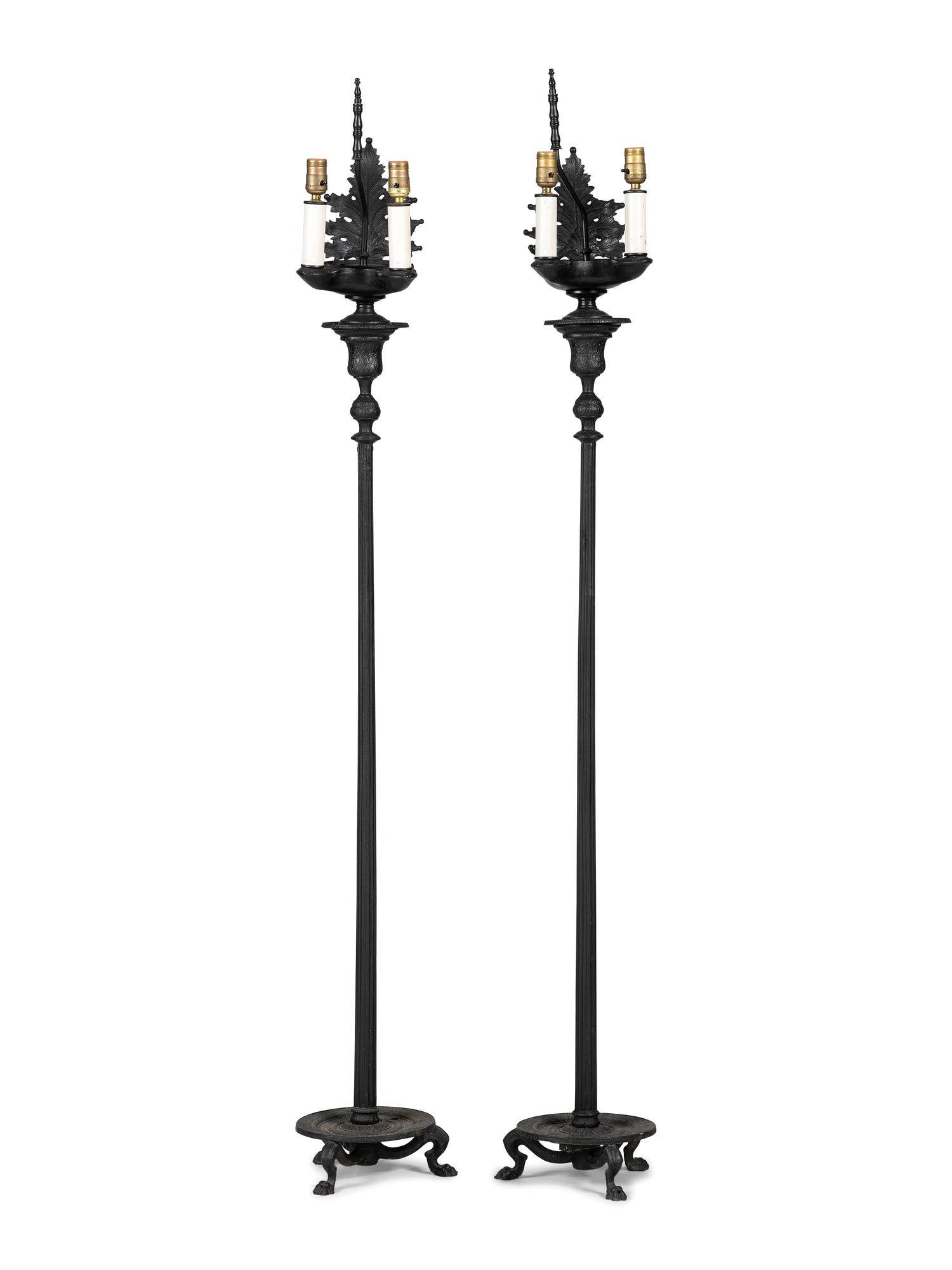 A Pair of Neoclassical Style Cast Metal Floor Lamps