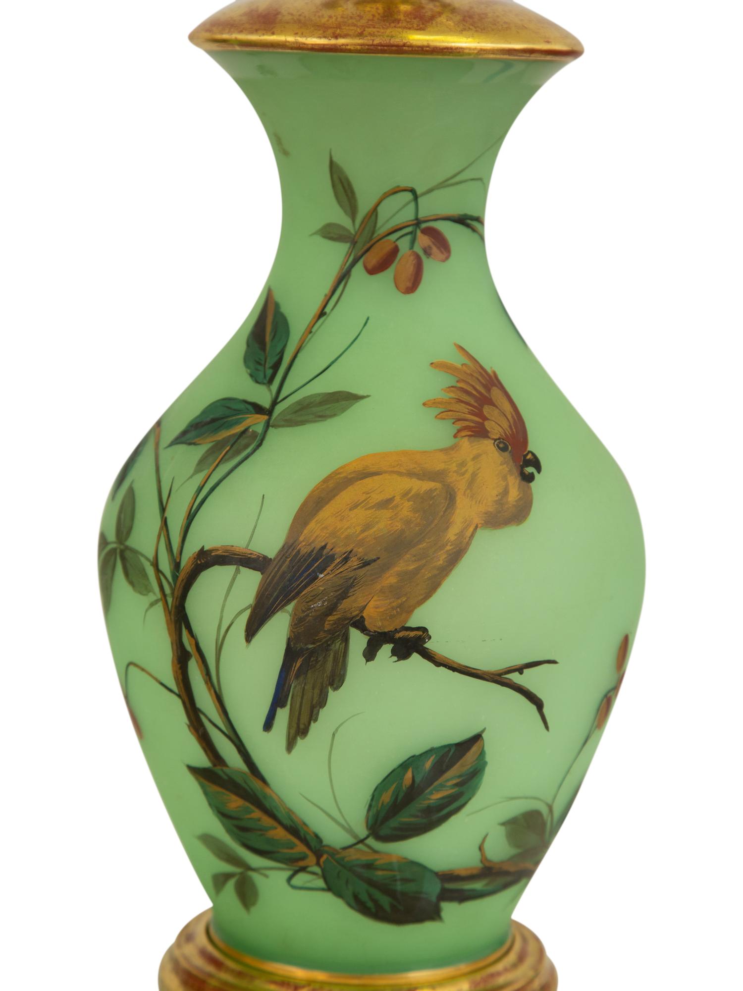 A Pair of French Green Opaline Glass Vases, Now Mounted as Lamps