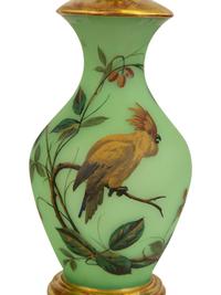 A Pair of French Green Opaline Glass Vases, Now Mounted as Lamps