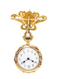 An Art Nouveau 14 Karat Yellow Gold, Diamond, Seed Pearl and Polychrome Enamel Lapel Watch, 18.20 dwts.