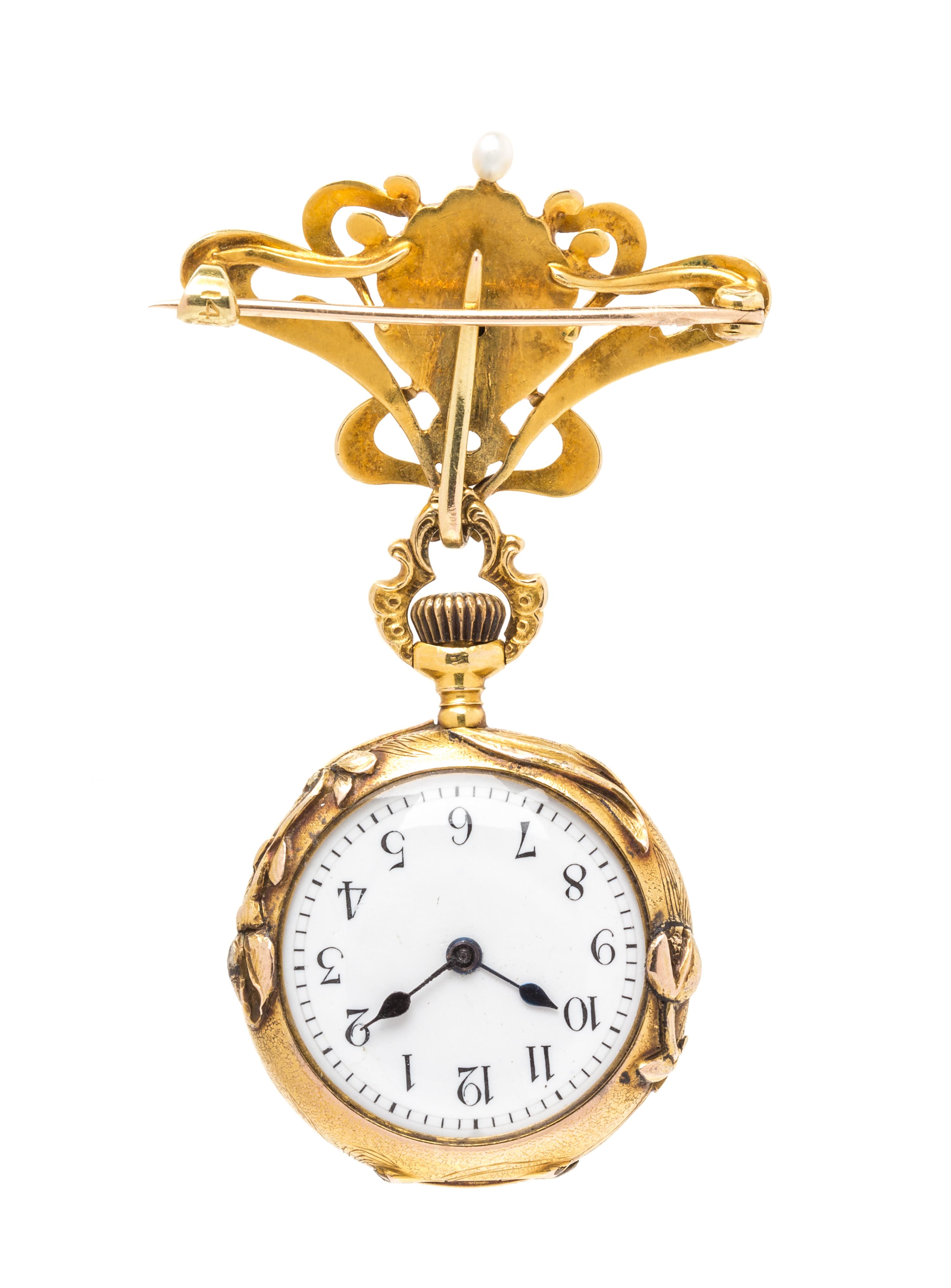 An Art Nouveau 14 Karat Yellow Gold, Diamond, Seed Pearl and Polychrome Enamel Lapel Watch, 18.20 dwts.