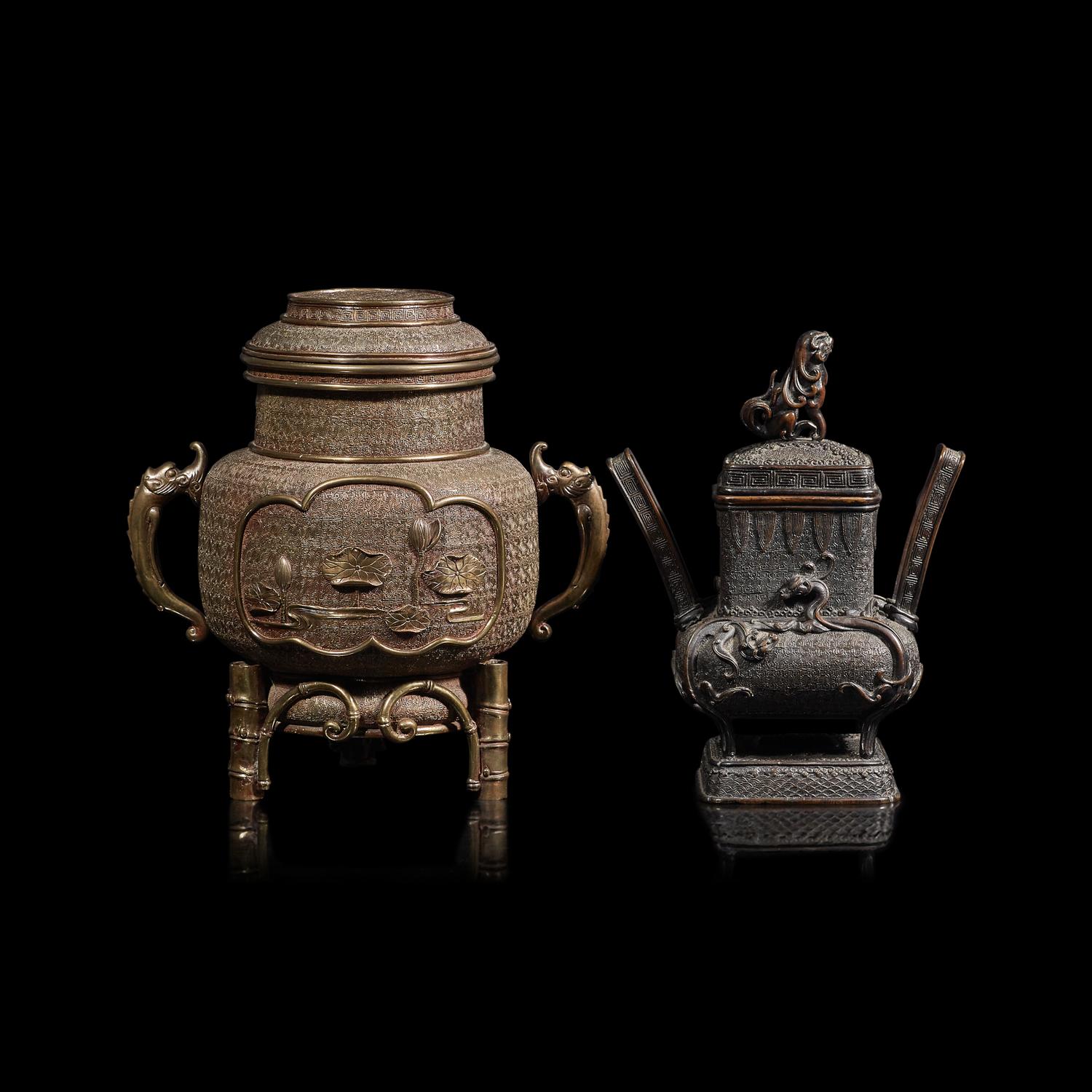 Two Japanese Bronze Covered Incense Burners, Late Meiji Period