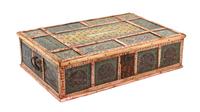 An Indian Reverse Painted Glass and Bone Casket, Height 4 7/8 x width 18 1/8 x depth 12 3/8 inches.