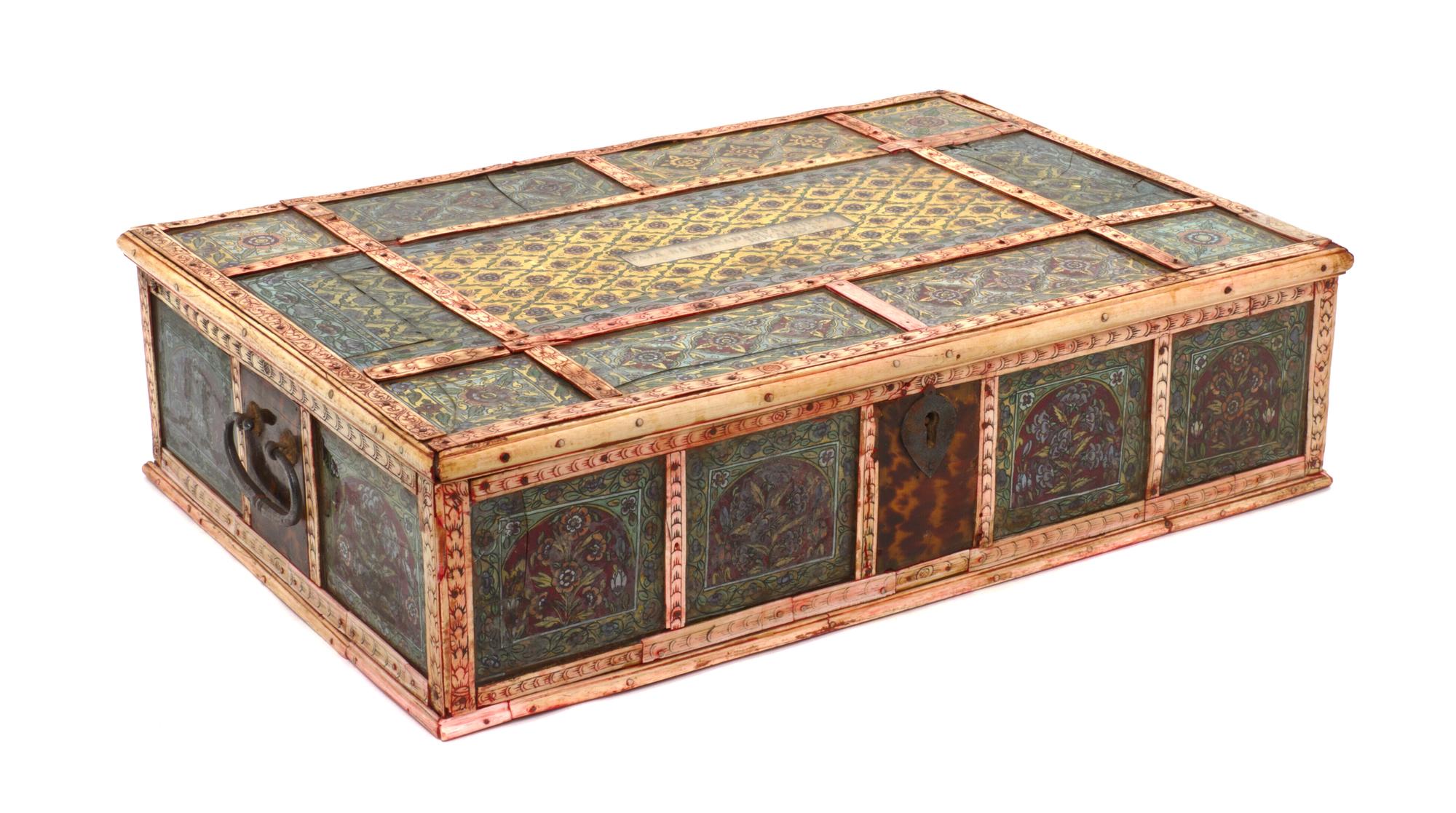 An Indian Reverse Painted Glass and Bone Casket, Height 4 7/8 x width 18 1/8 x depth 12 3/8 inches.