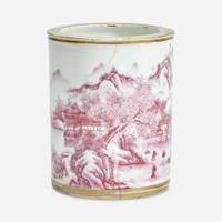 A Chinese puce-enameled porcelain cylindrical brush pot Four-character Yongzheng mark