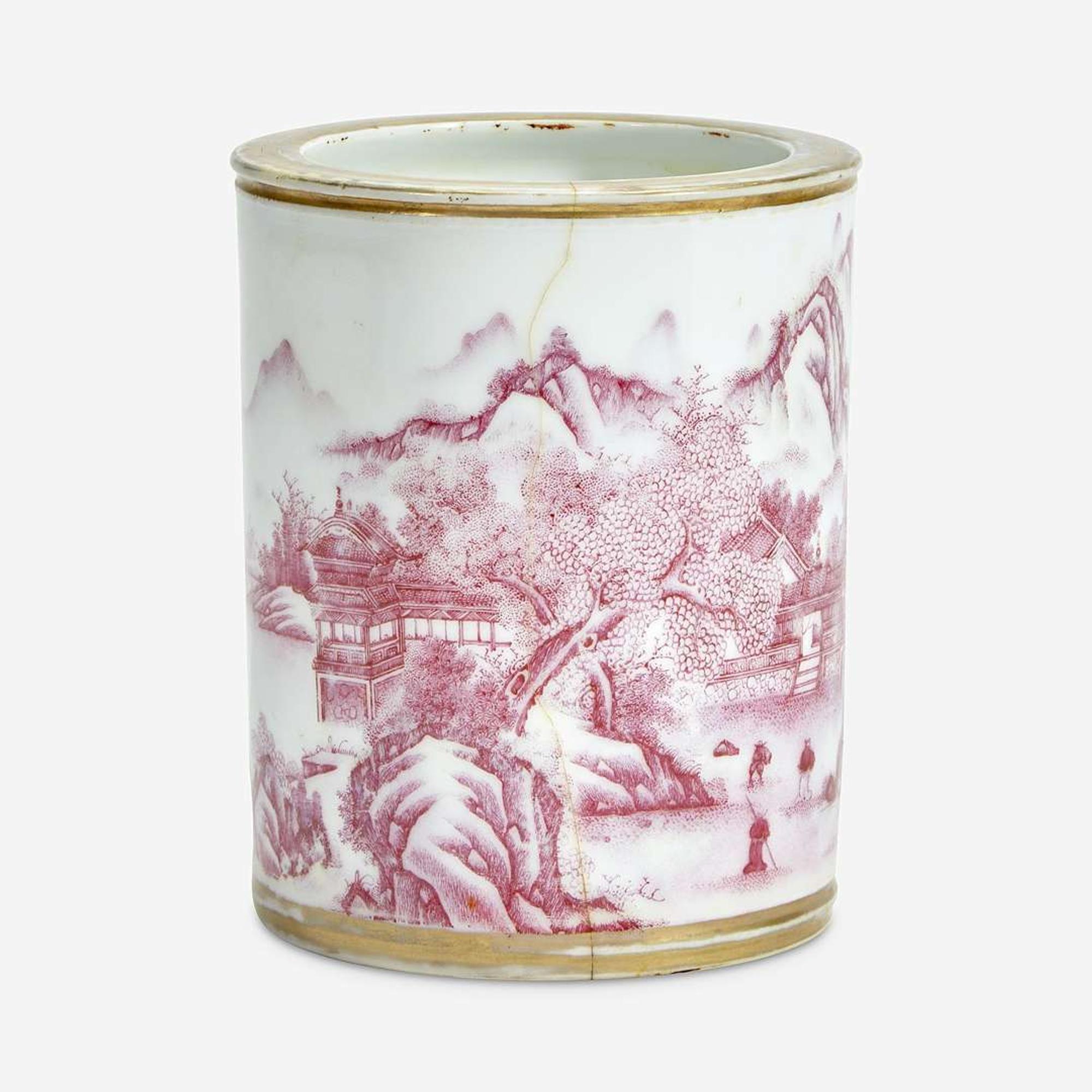 A Chinese puce-enameled porcelain cylindrical brush pot Four-character Yongzheng mark