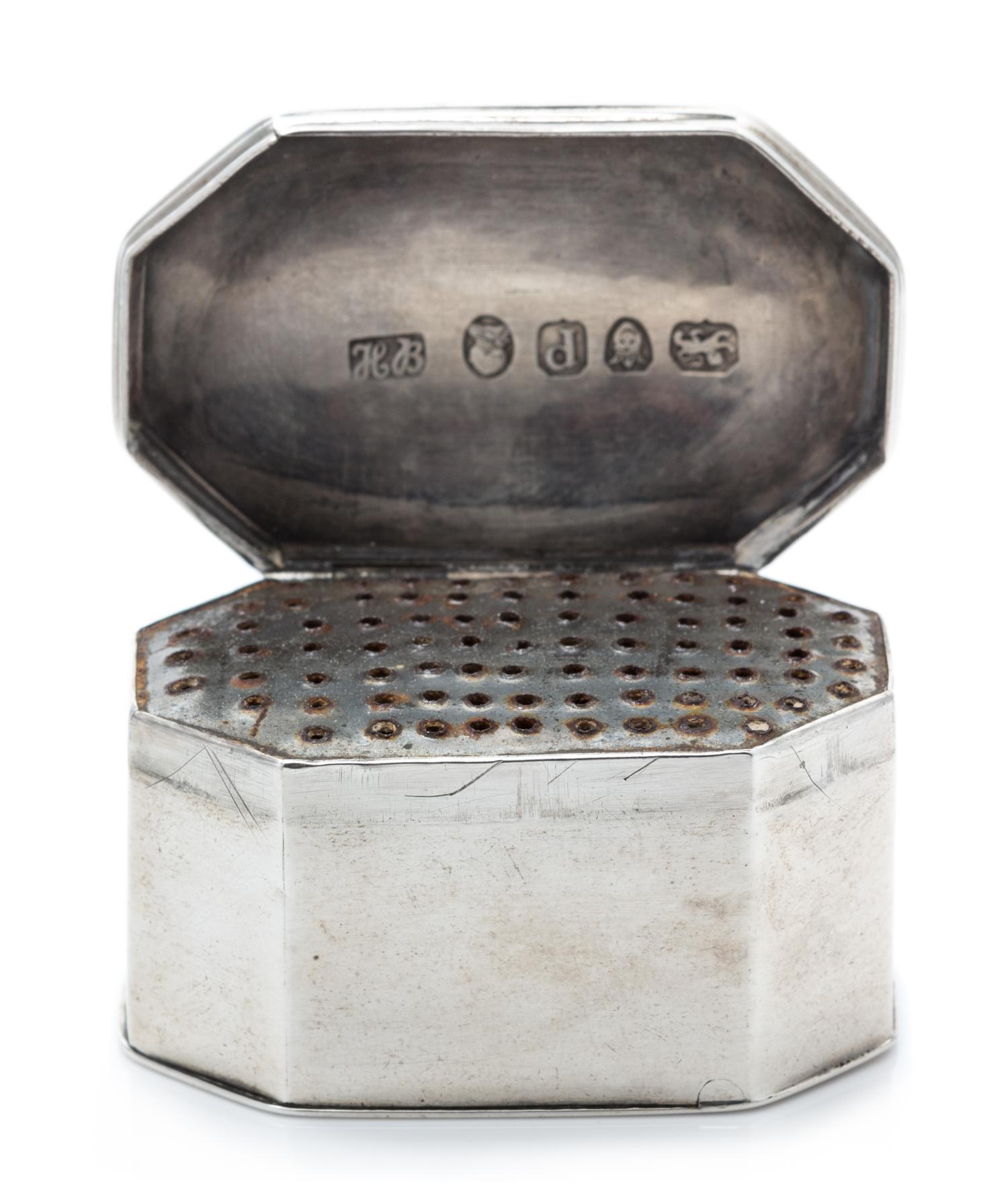 A George III Silver Nutmeg Grater, Hester Bateman, London, 1790, of rectangular form with canted corners.
