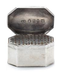 A George III Silver Nutmeg Grater, Hester Bateman, London, 1790, of rectangular form with canted corners.