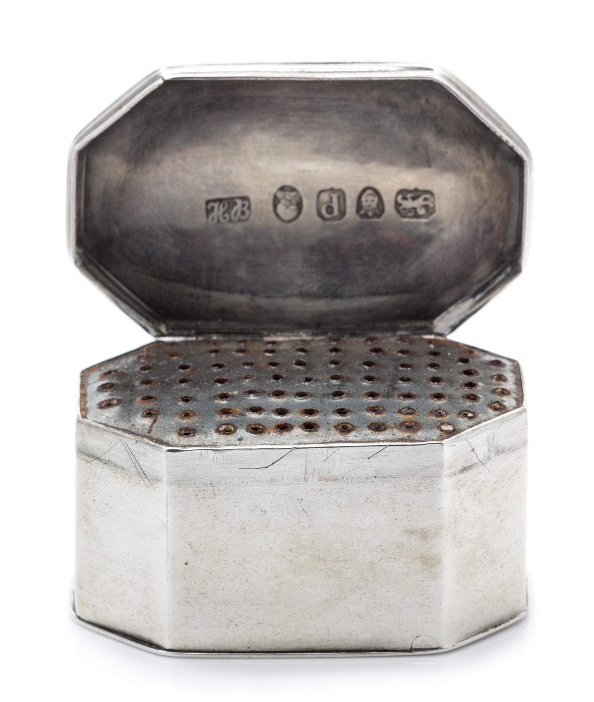 A George III Silver Nutmeg Grater, Hester Bateman, London, 1790, of rectangular form with canted corners.