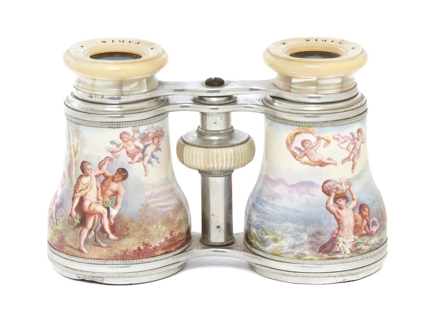 A Pair of French Enameled and Mother-of-Pearl Inset Opera Glasses, Lemaire, Width 4 3/8 inches.
