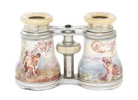 A Pair of French Enameled and Mother-of-Pearl Inset Opera Glasses, Lemaire, Width 4 3/8 inches.