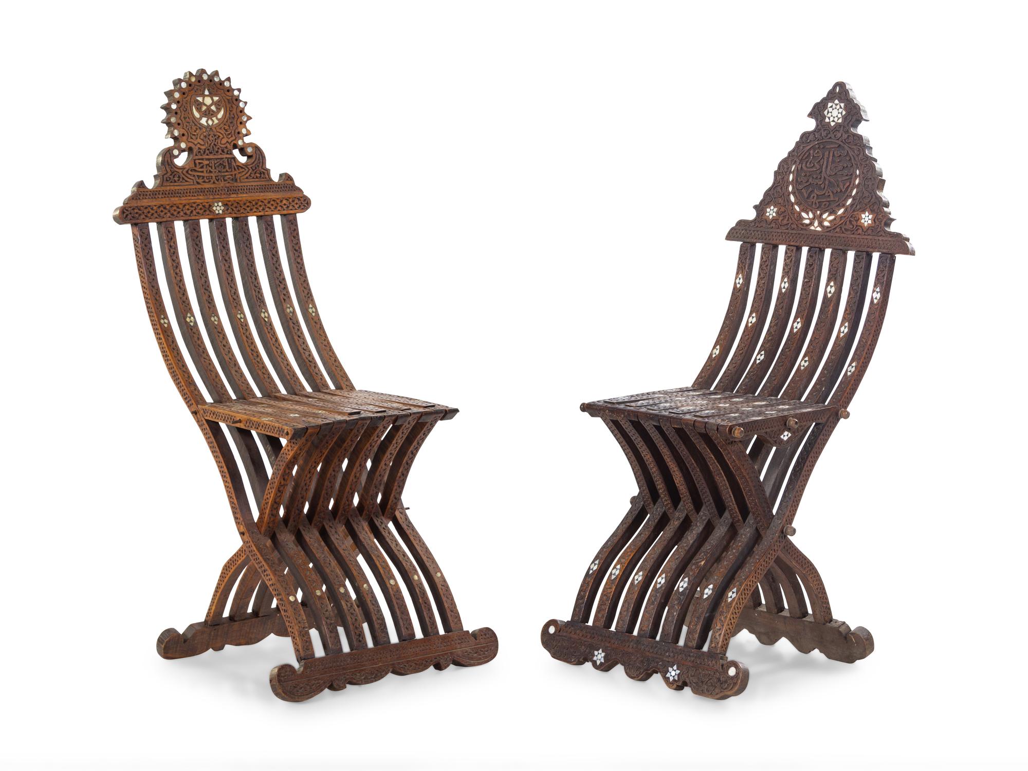 Two Syrian Carved and Mother-of-Pearl Inlaid Side Chairs