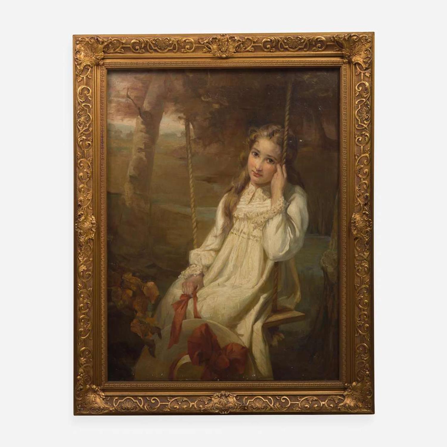 British School (19th Century) Melancholic Girl on a Swing