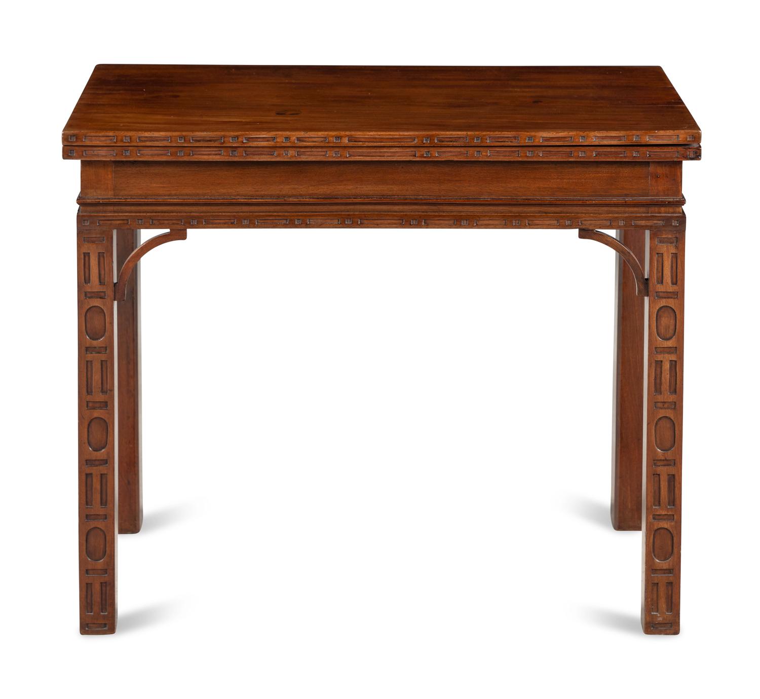 A George III Mahogany Blind Fret Carved Flip-Top Table