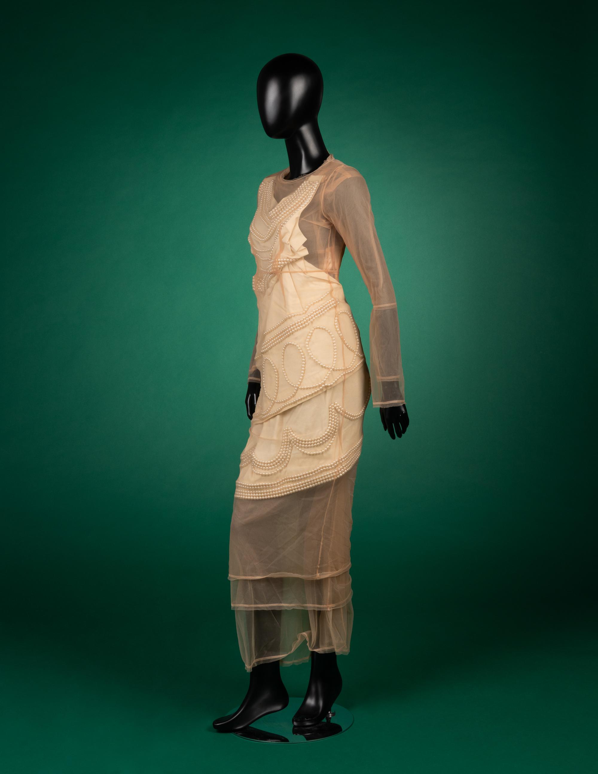 Comme des Garçons Nude Net and White Cotton with Pearls Evening Dress, Fall 2009