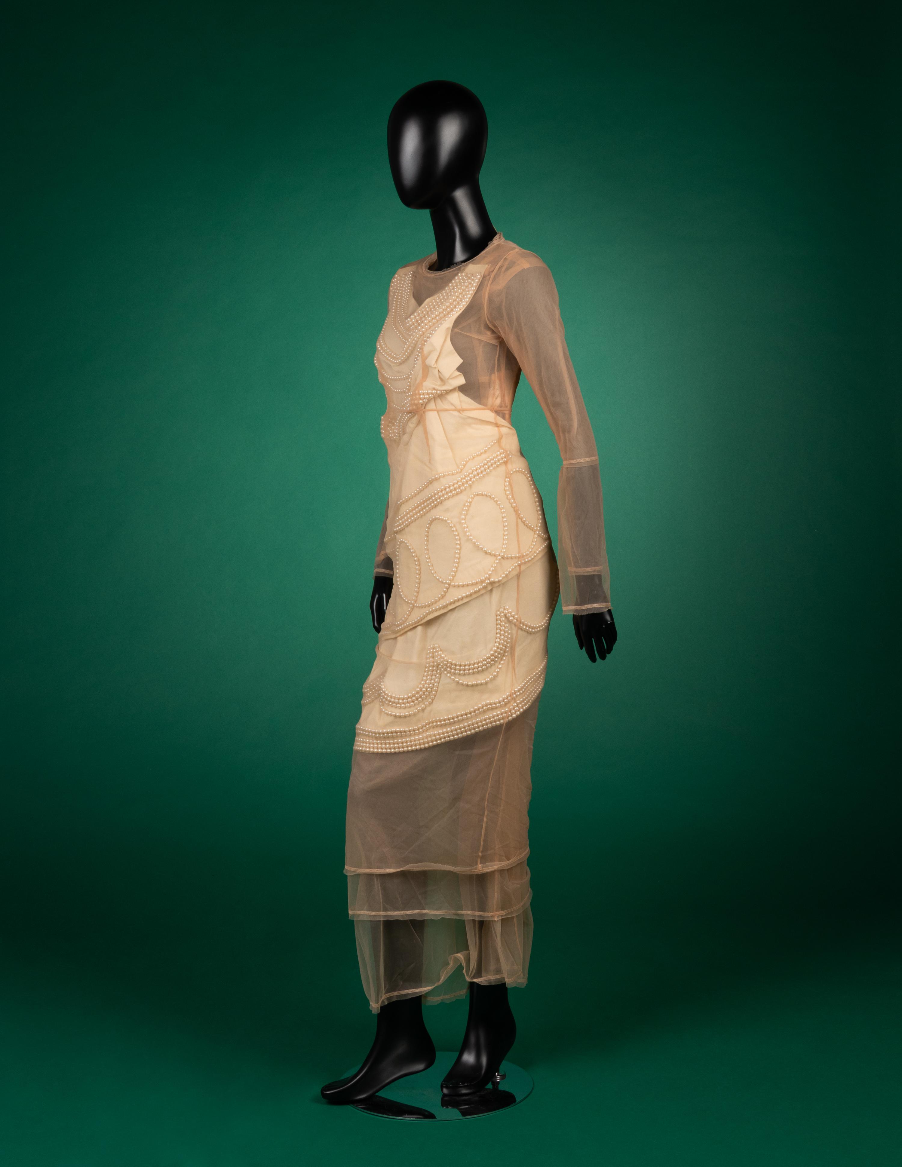 Comme des Garçons Nude Net and White Cotton with Pearls Evening Dress, Fall 2009