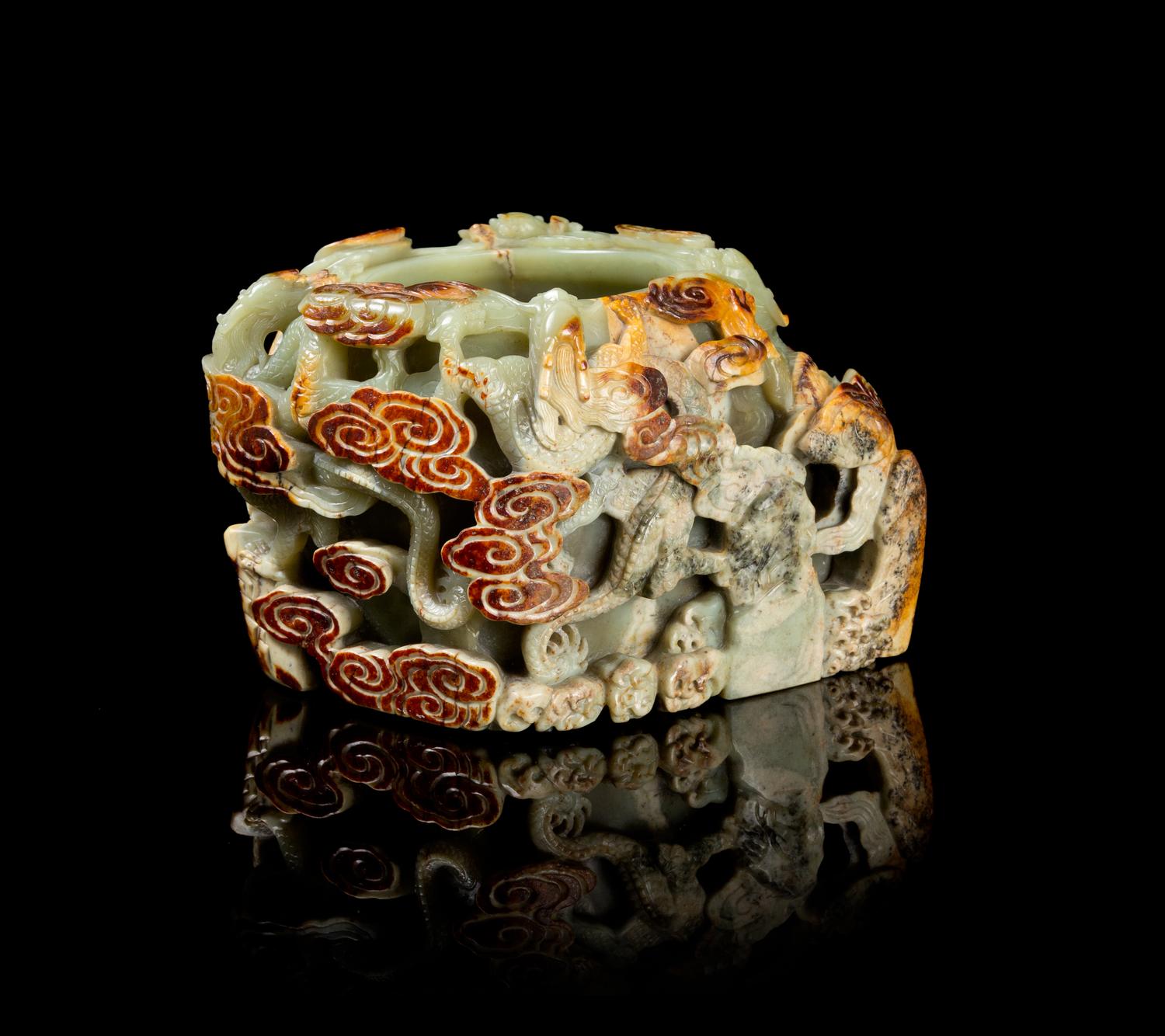 A Large and Impressive Chinese Jade Dragon Brushwasher 18TH CENTURY OR EARLIER Height 5 5/8 inches. — 18TH CENTURY OR EARLIER