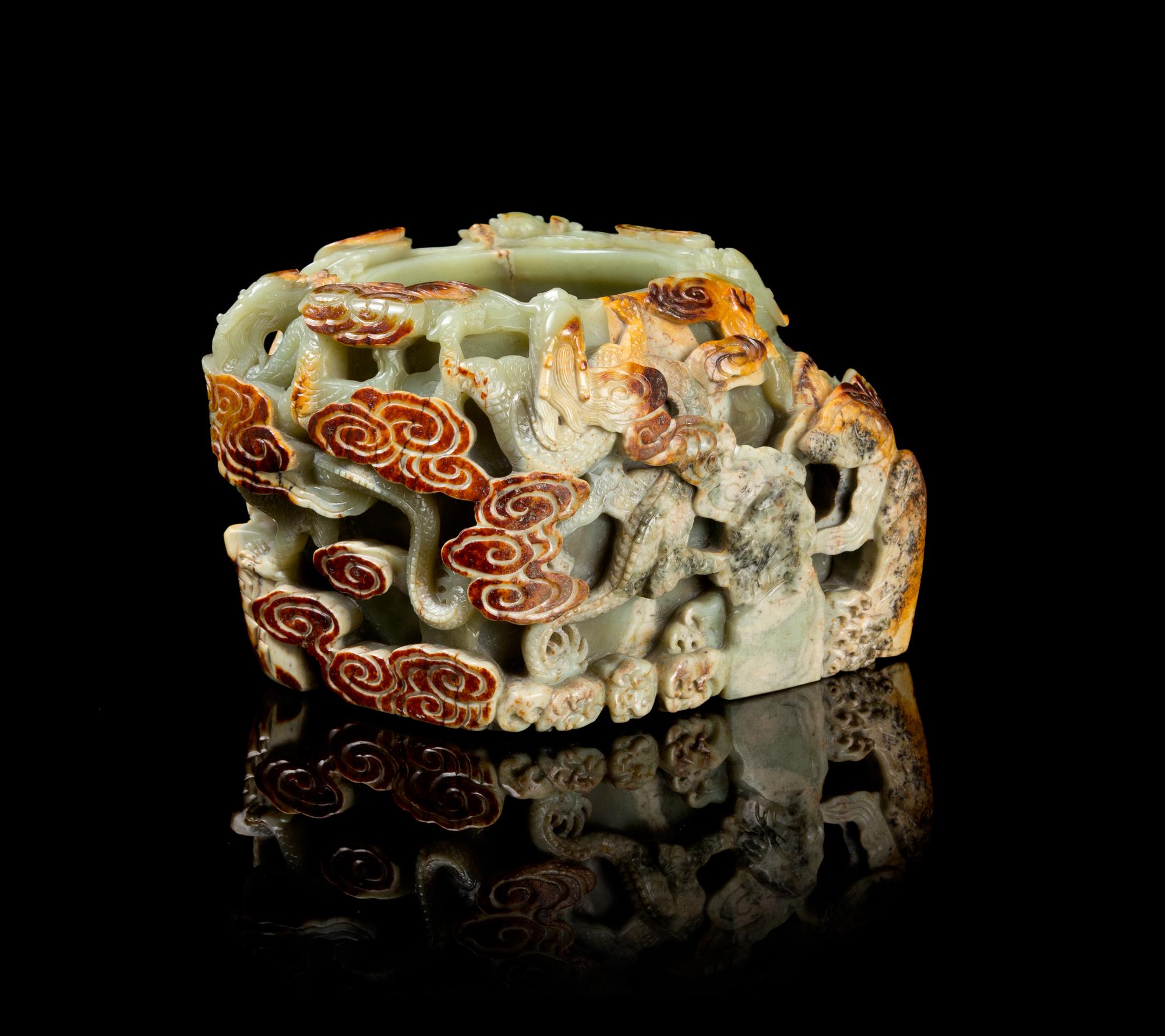 A Large and Impressive Chinese Jade Dragon Brushwasher 18TH CENTURY OR EARLIER Height 5 5/8 inches. — 18TH CENTURY OR EARLIER