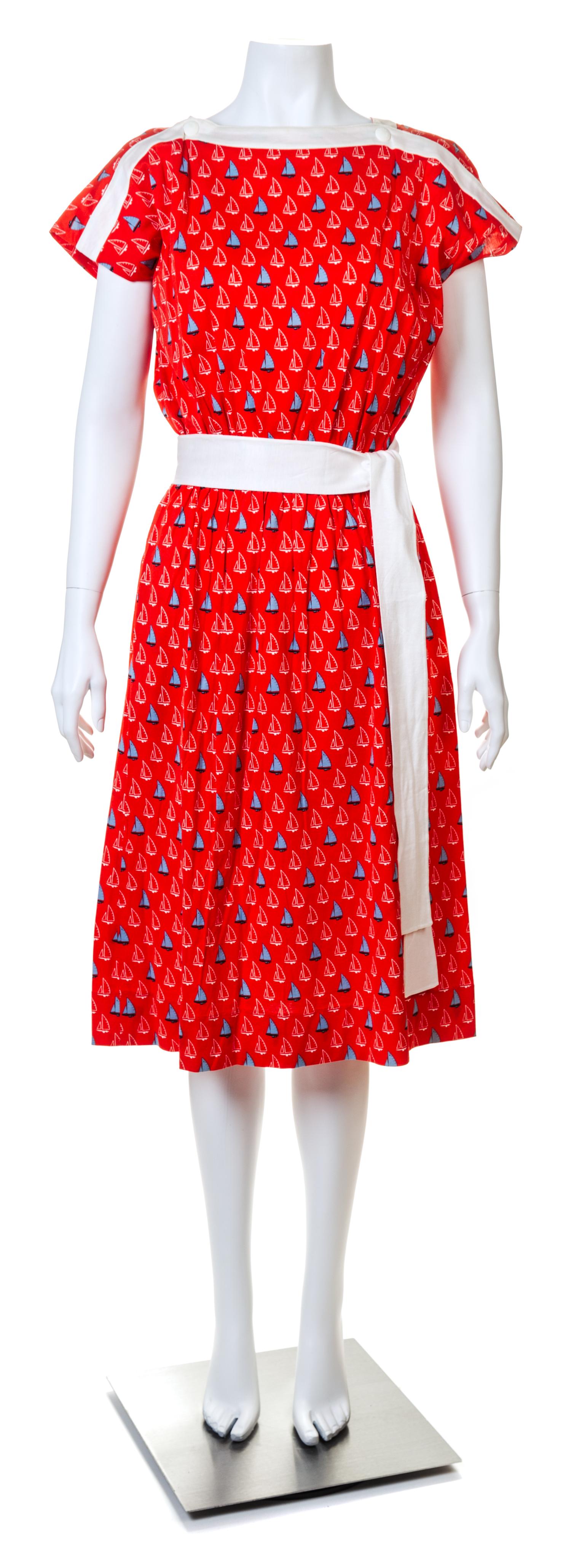 A Celine Red Cotton Sailboat Dress, Size 40; Self tie: 74" x 2.25".