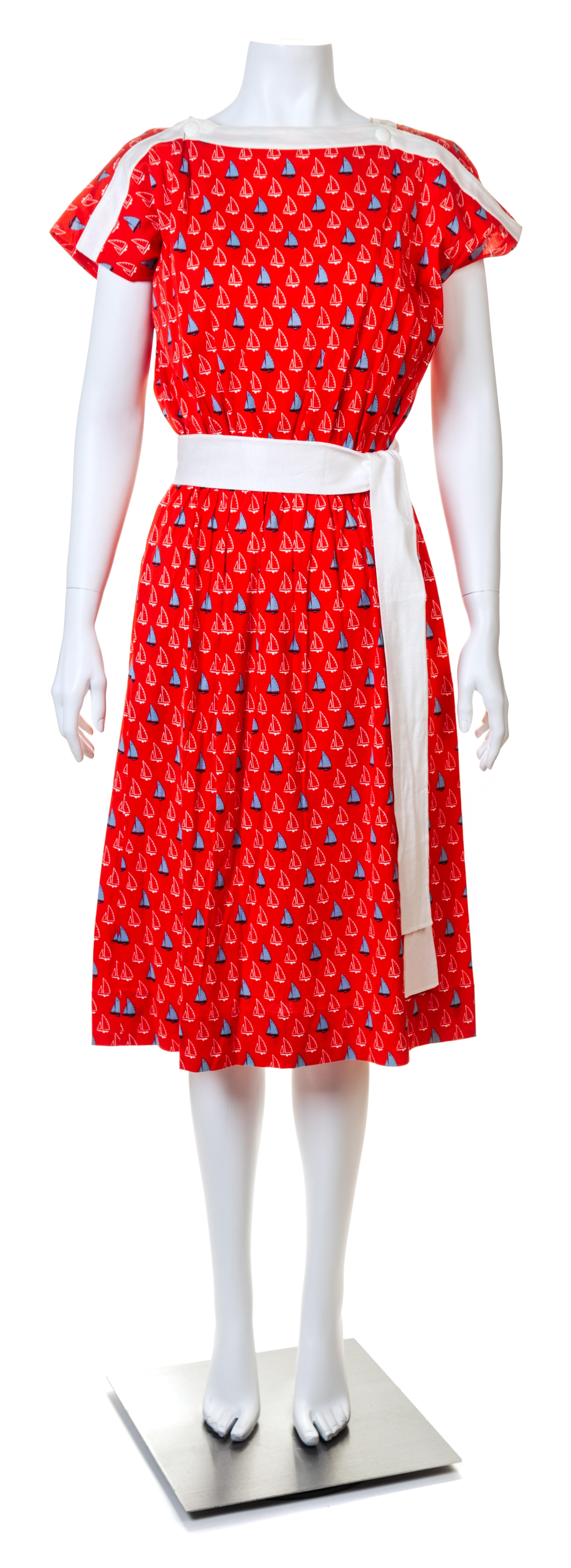 A Celine Red Cotton Sailboat Dress, Size 40; Self tie: 74" x 2.25".
