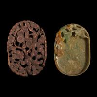 A Chinese Carved Jadeite "Pine and Spider" Brush Washer and Carved Wood Stand, Qing Dynasty — 清 翡翠鏤雕松紋洗