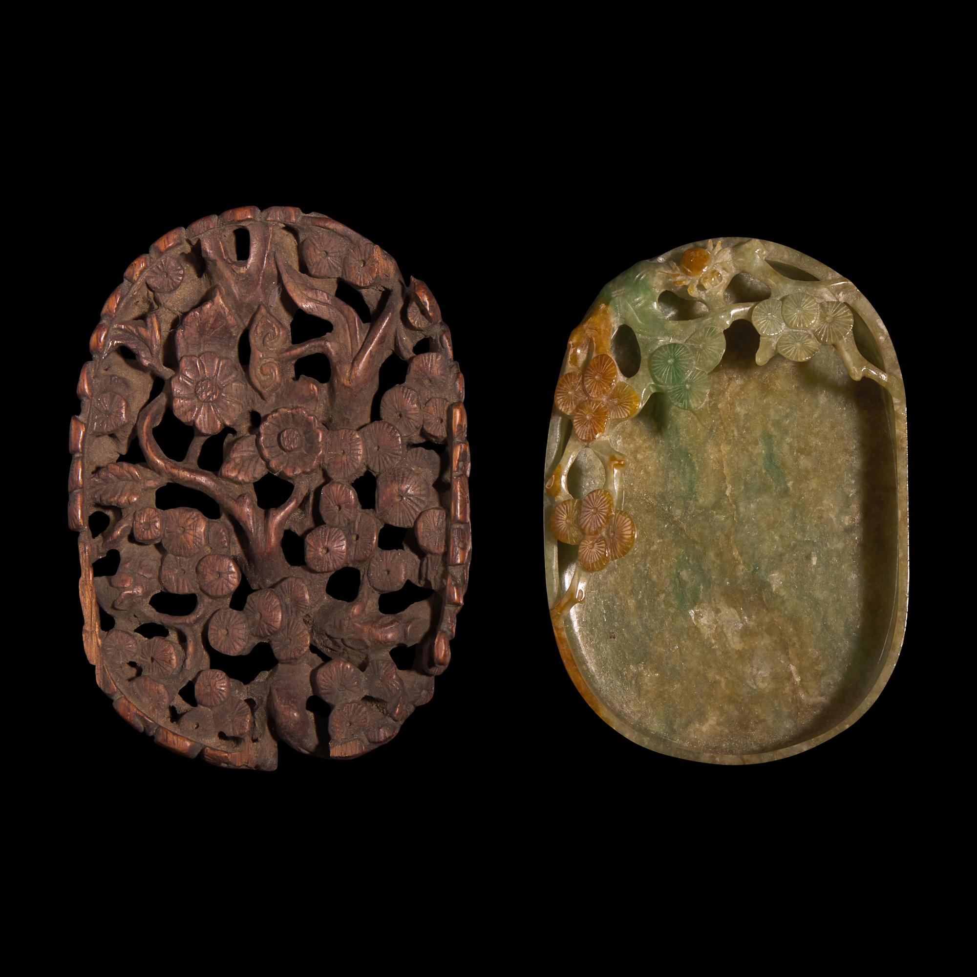 A Chinese Carved Jadeite "Pine and Spider" Brush Washer and Carved Wood Stand, Qing Dynasty — 清 翡翠鏤雕松紋洗