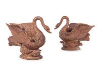 A Pair of Carved Pine Swan-Form Jardinières